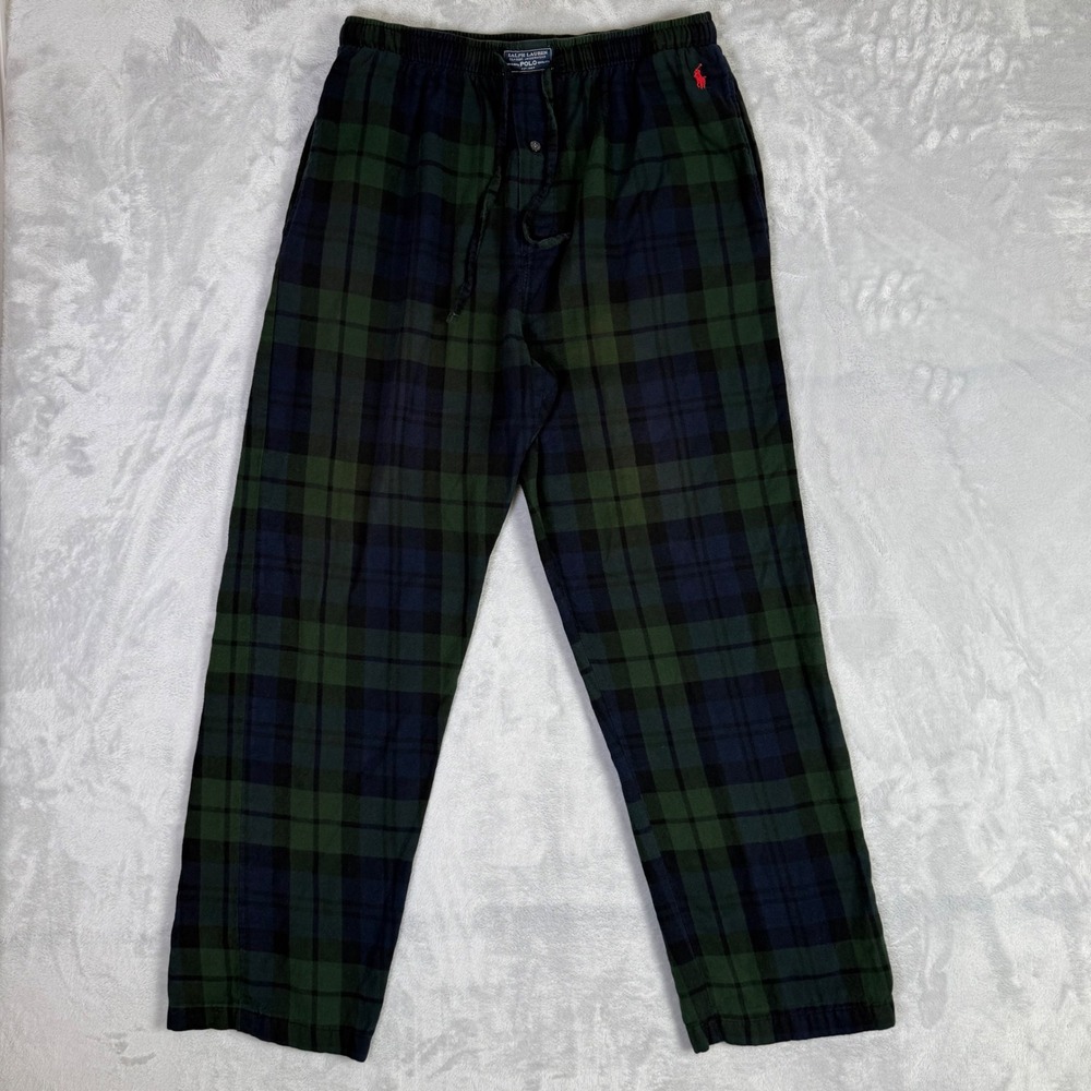 Polo Ralph Lauren Pajama Pants Mens M Green Black Watch Plaid Flannel Pony Logo